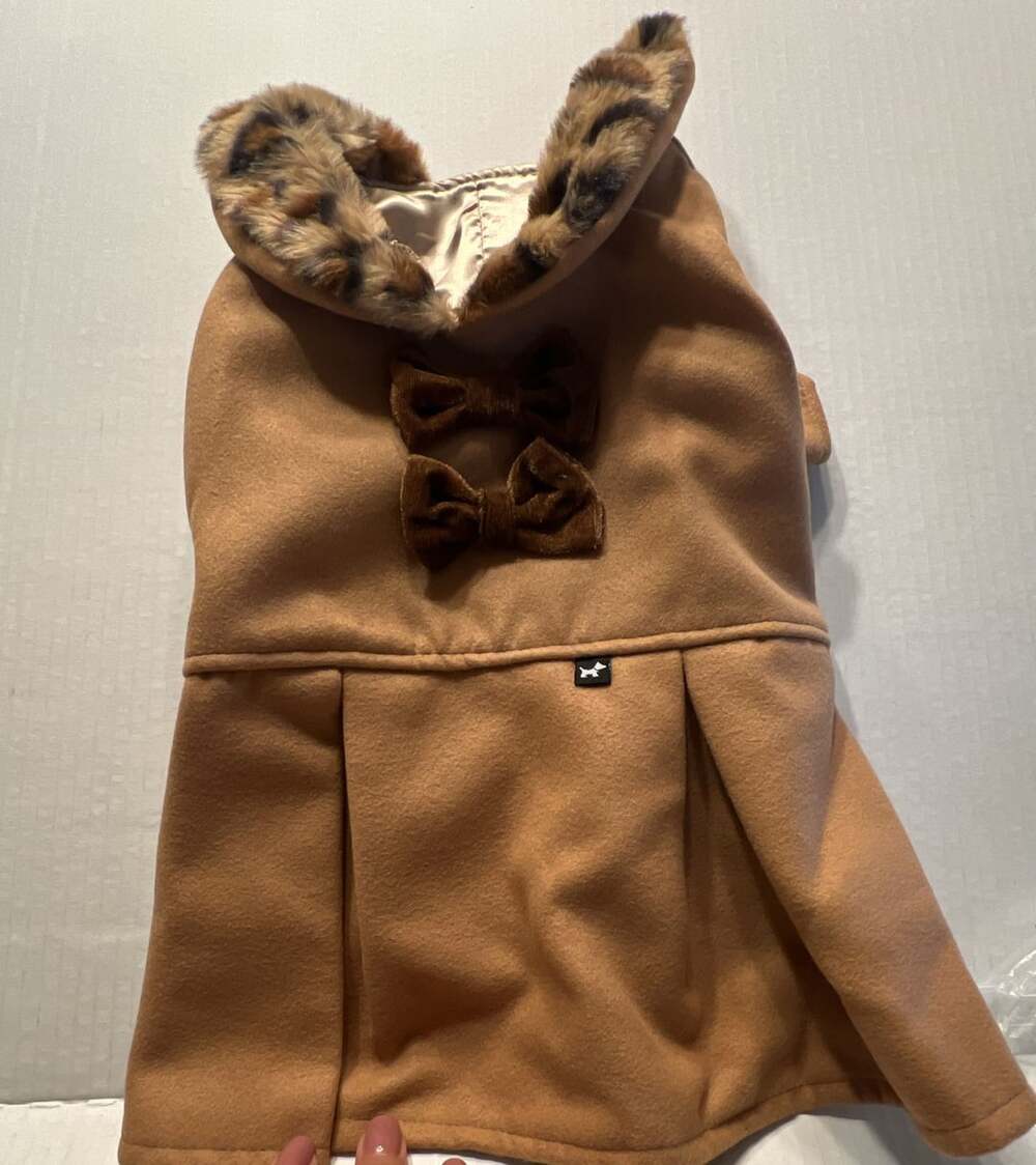 Hotel Doggy Kate Tan Dog Coat with Faux Fur Collar and Bows Size M